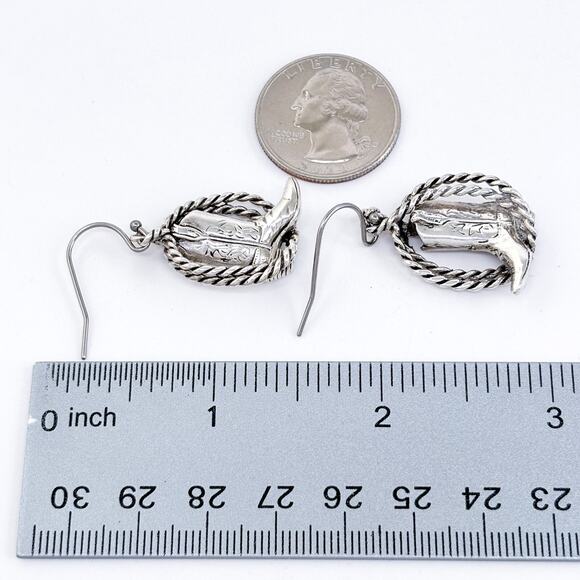 Vintage RAMA Sterling Silver 925 Cowboy Boot Lasso Dangle Earrings - Picture 8 of 9